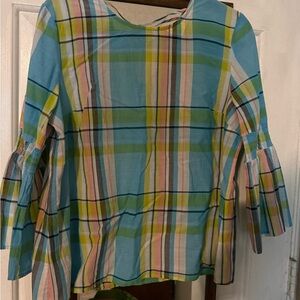 Crown & Ivy Plaid Bell Sleeve Blouse - Blue and Yellow